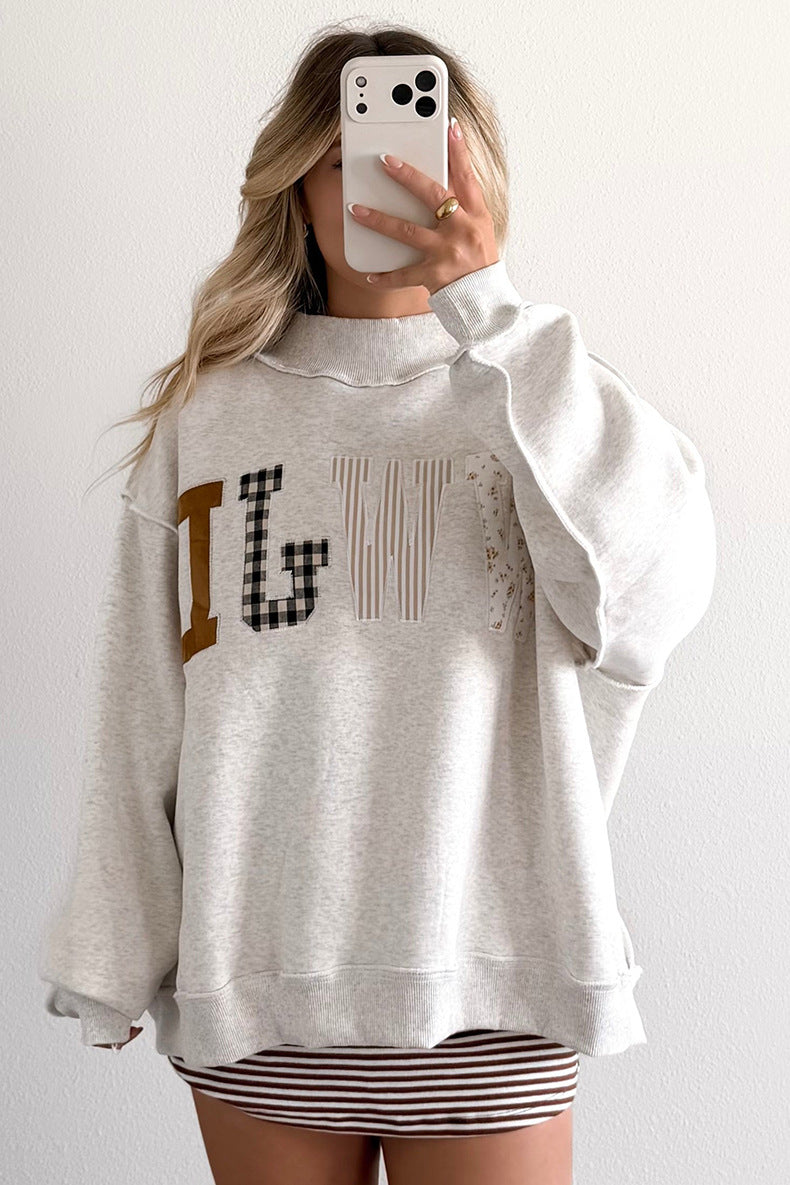Faith Letter Patchwork Mock Neck Oversized Sweatshirt - Grey - 2