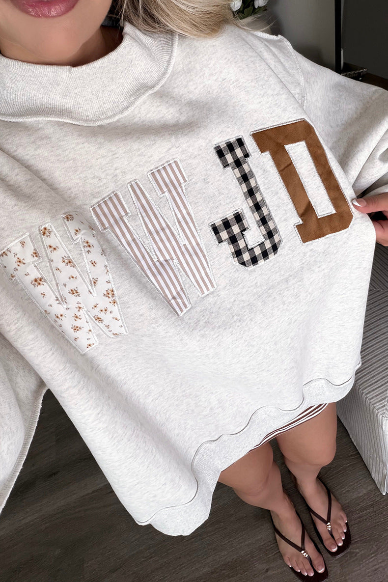 Faith Letter Patchwork Mock Neck Oversized Sweatshirt - Grey - 3