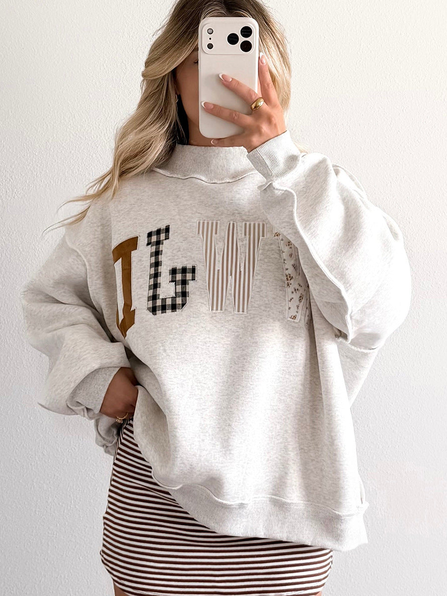 Faith Letter Patchwork Mock Neck Oversized Sweatshirt - Grey - 4