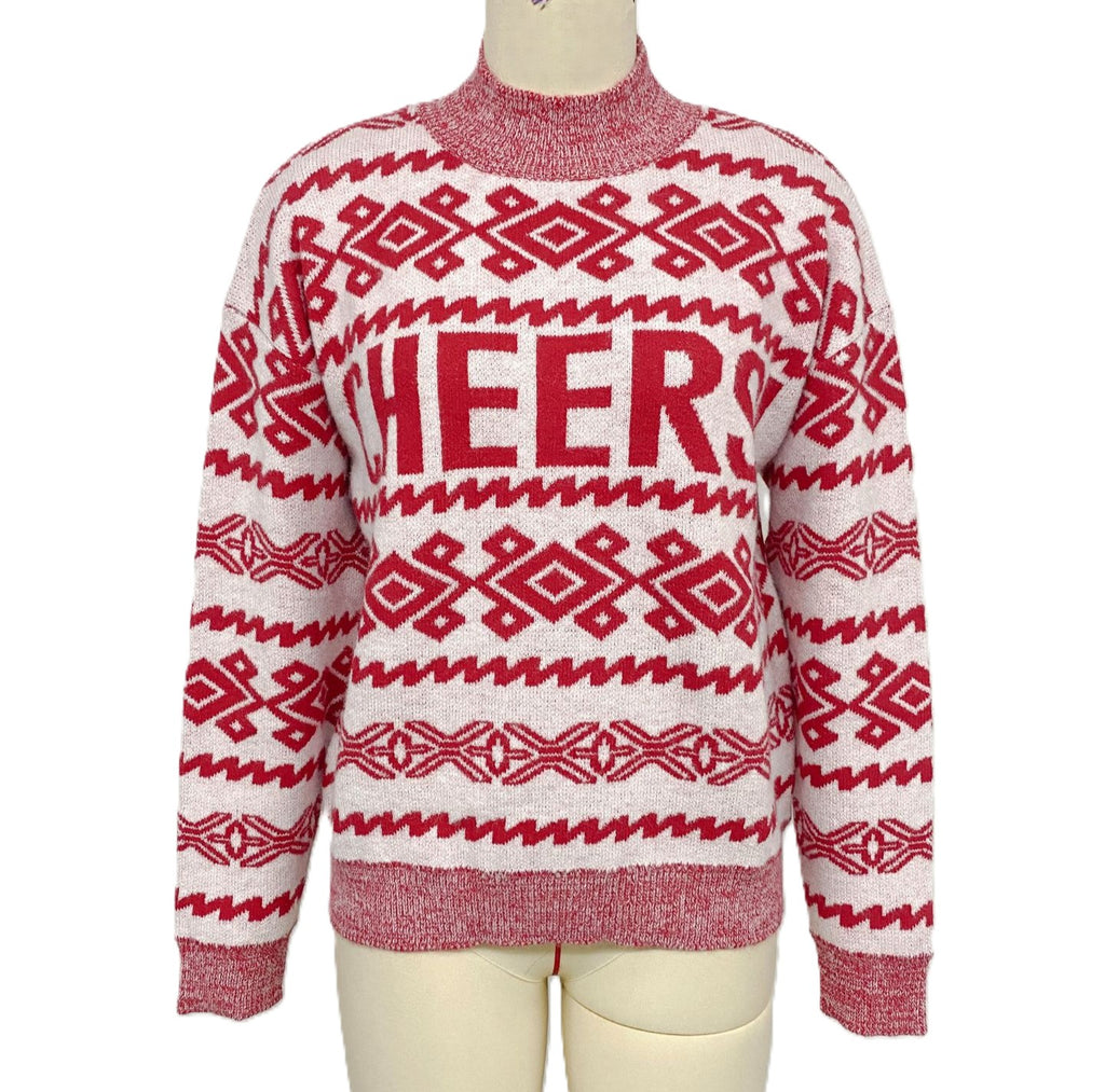Nordic Fair Isle Mock Neck Holiday Knit Sweater - Red