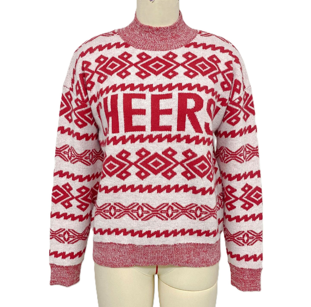 Nordic Fair Isle Mock Neck Holiday Knit Sweater - Red