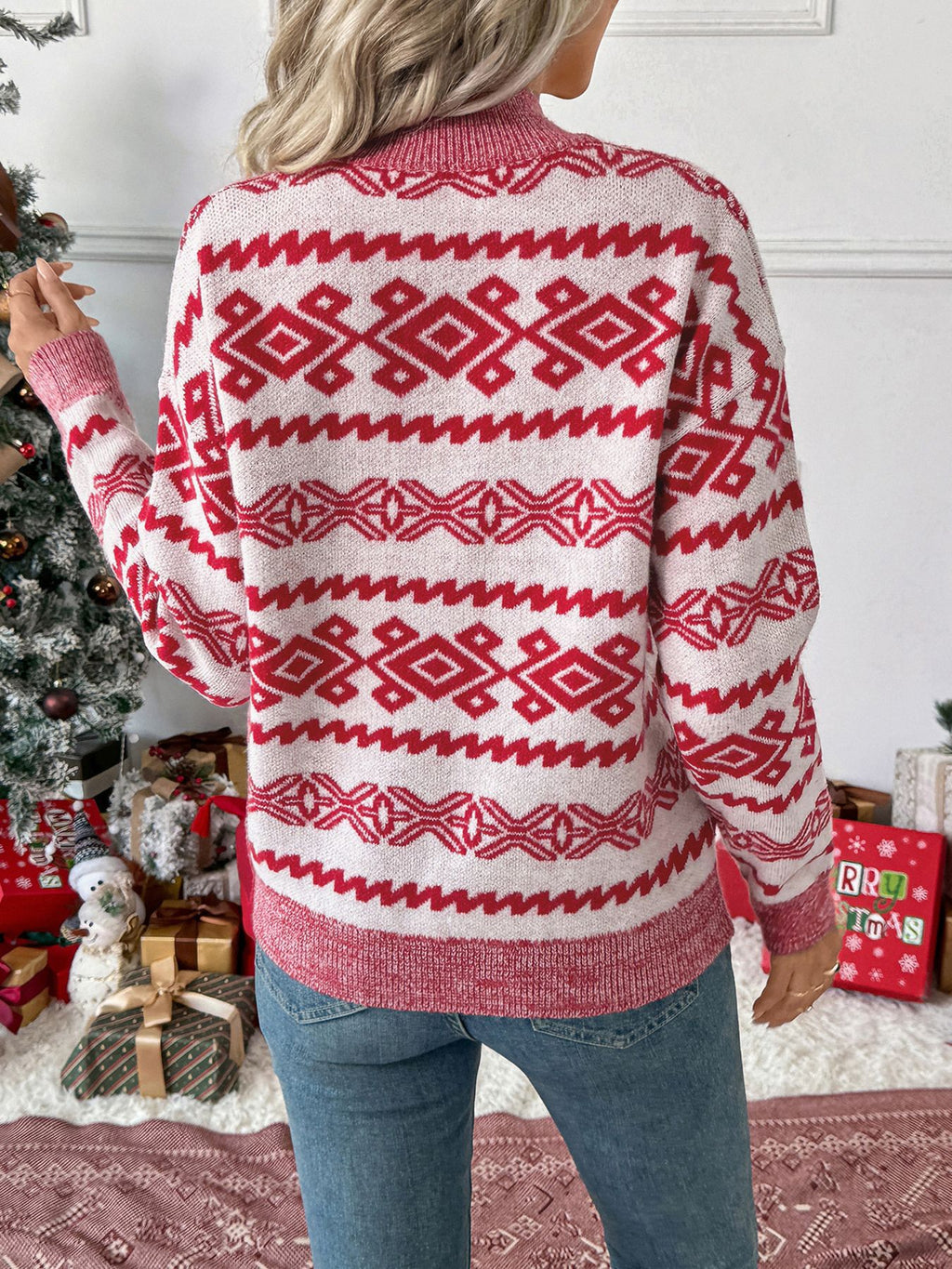 Nordic Fair Isle Mock Neck Holiday Knit Sweater - Red - 4