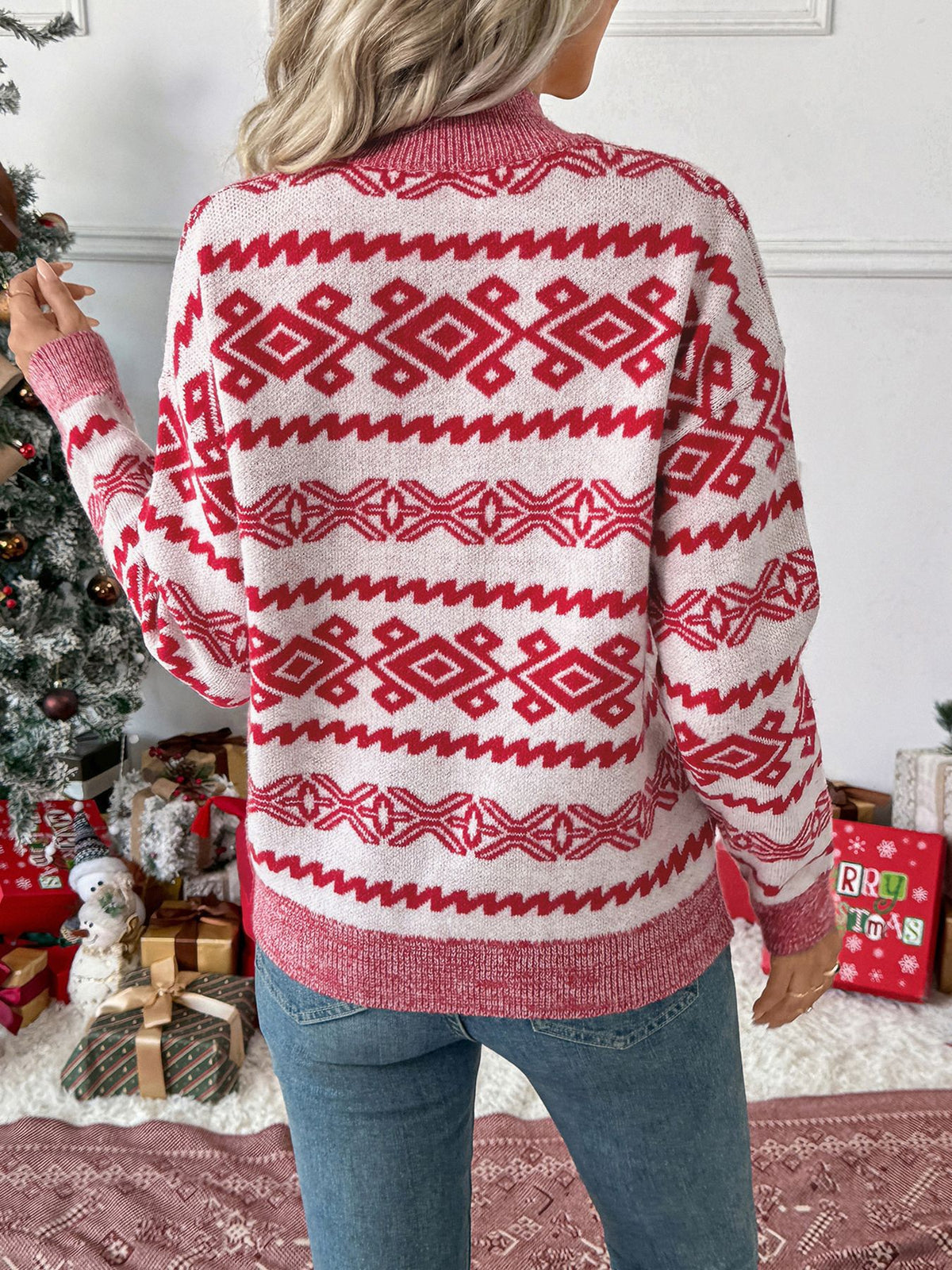 Nordic Fair Isle Mock Neck Holiday Knit Sweater - Red - 4