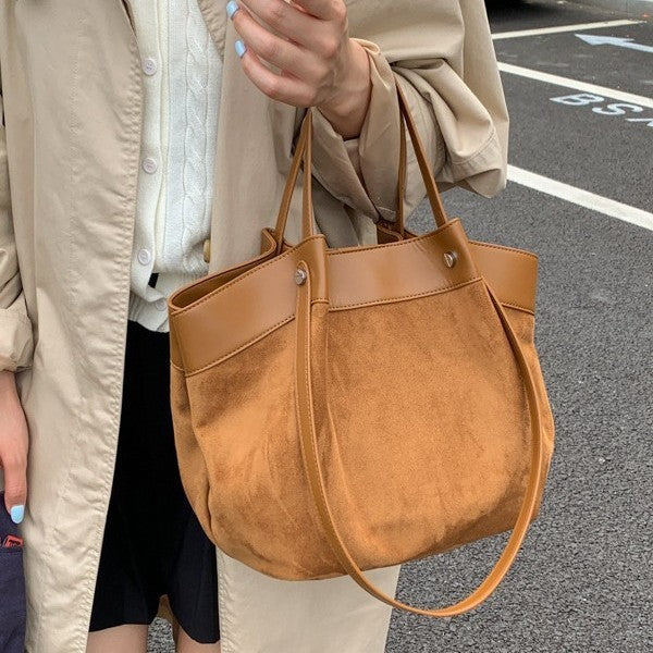 Slouchy Faux Suede Tote Bag with Leather-Look Trim
