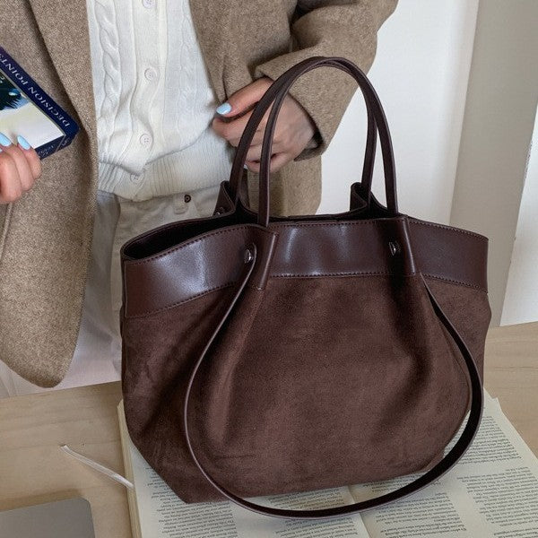 Slouchy Faux Suede Tote Bag with Leather-Look Trim