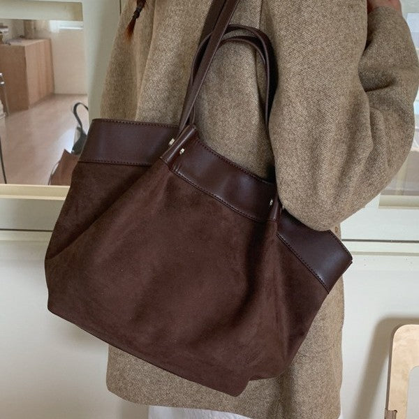 Slouchy Faux Suede Tote Bag with Leather-Look Trim