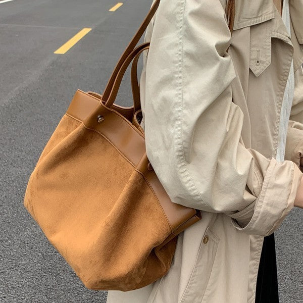 Slouchy Faux Suede Tote Bag with Leather-Look Trim