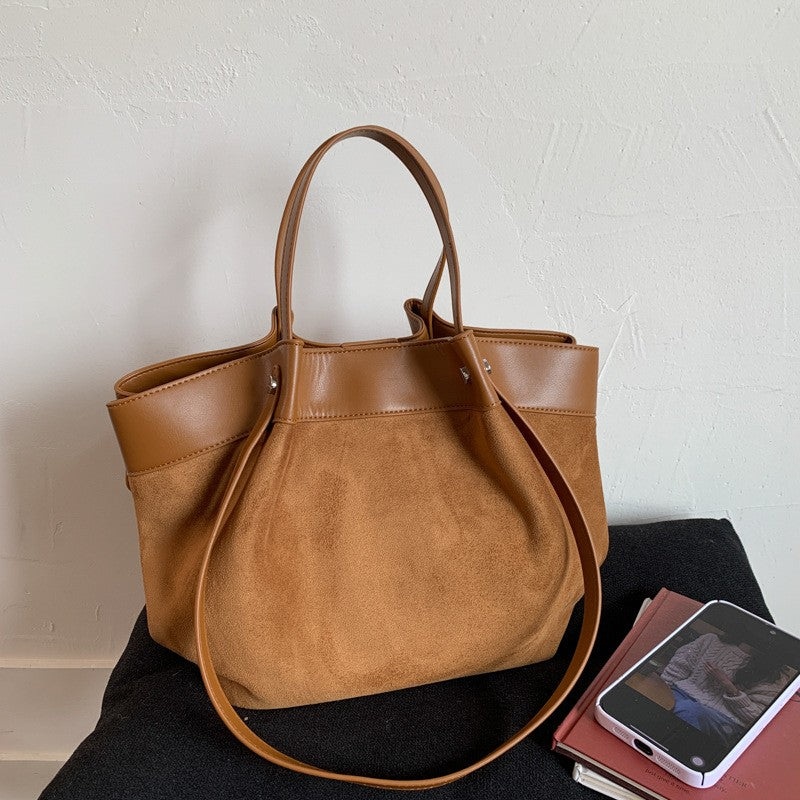 Slouchy Faux Suede Tote Bag with Leather-Look Trim
