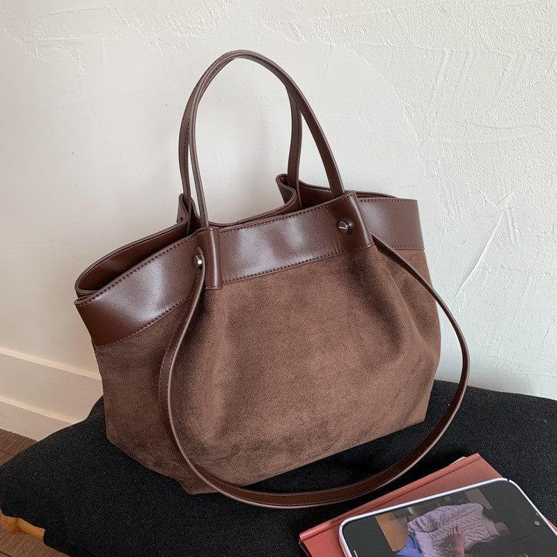 Slouchy Faux Suede Tote Bag with Leather-Look Trim