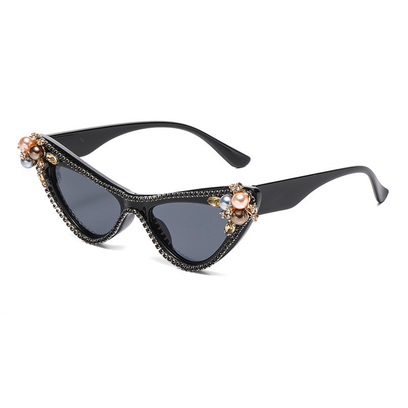 Flower Pearl Cat Eye Sunglasses - Black-1