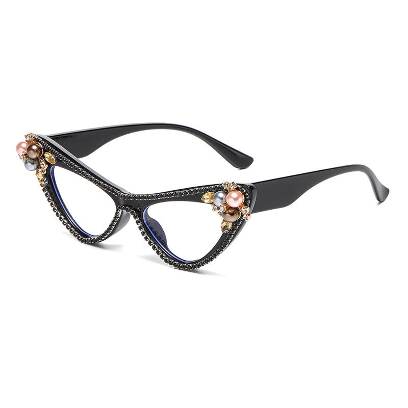 Flower Pearl Cat Eye Sunglasses - Black-2