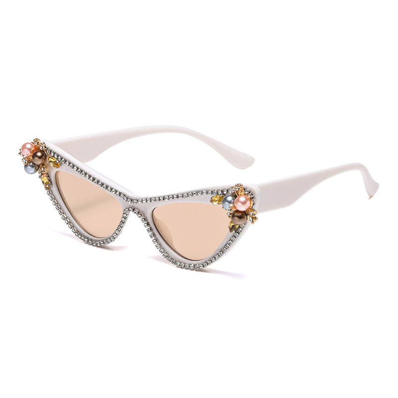 Flower Pearl Cat Eye Sunglasses - White-1