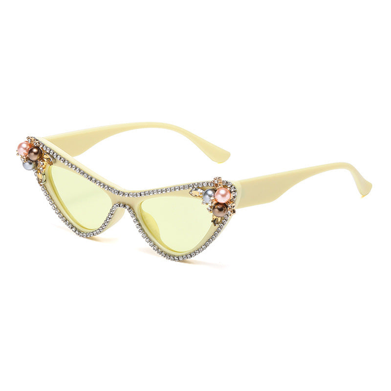 Flower Pearl Cat Eye Sunglasses - Yellow