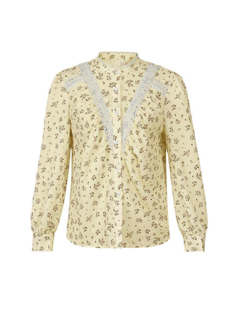 Ditsy Floral Crochet Trim Button Down Shirt - Khaki - 1