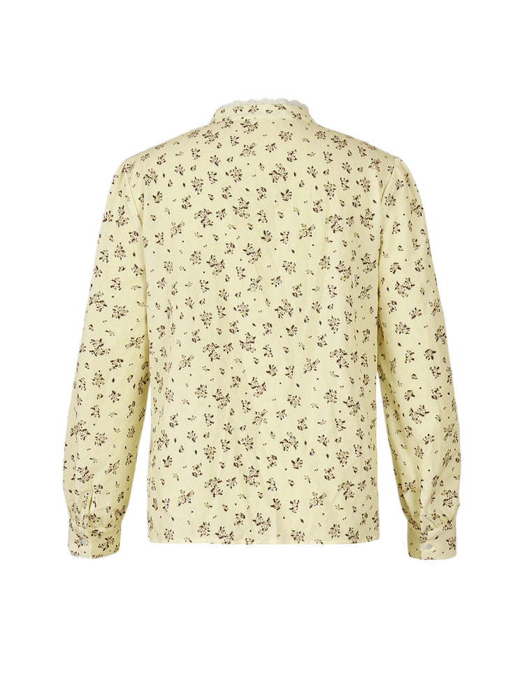 Ditsy Floral Crochet Trim Button Down Shirt - Khaki - 2