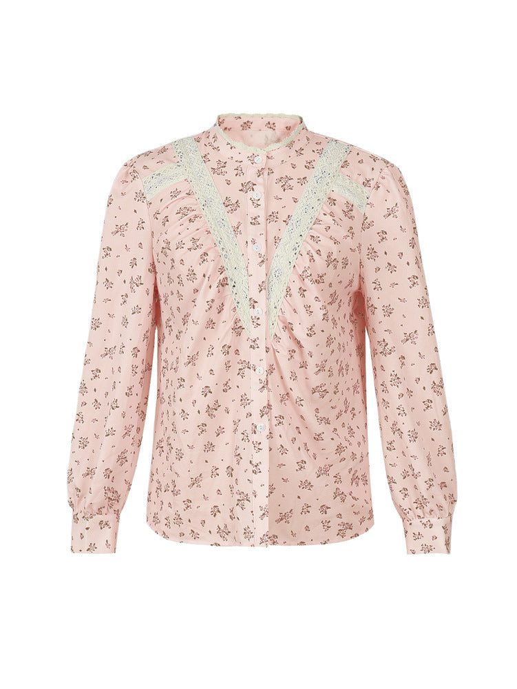 Ditsy Floral Crochet Trim Button Down Shirt - Pink - 3