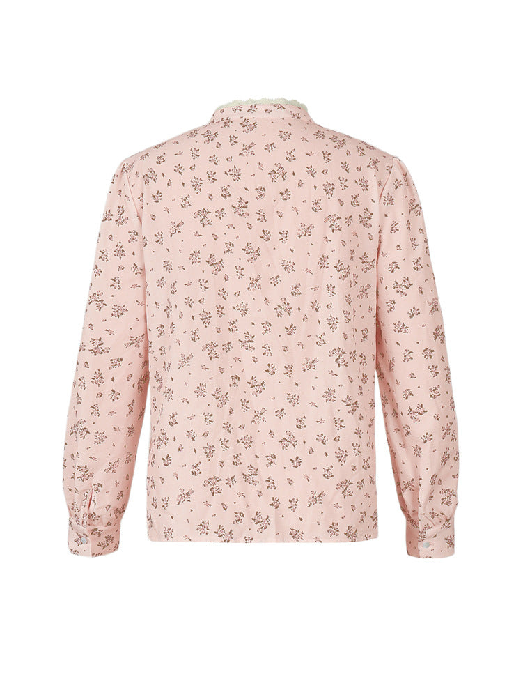 Ditsy Floral Crochet Trim Button Down Shirt - Pink - 4