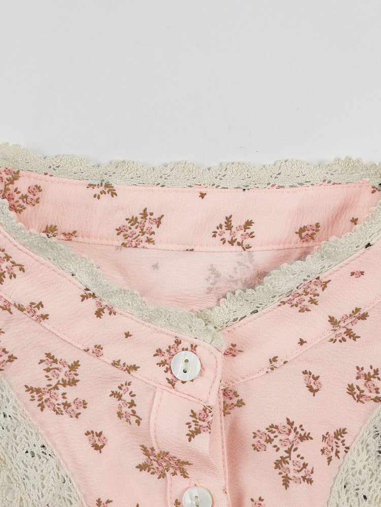 Ditsy Floral Crochet Trim Button Down Shirt - Pink - 5