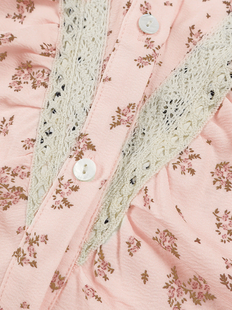 Ditsy Floral Crochet Trim Button Down Shirt - Pink - 6