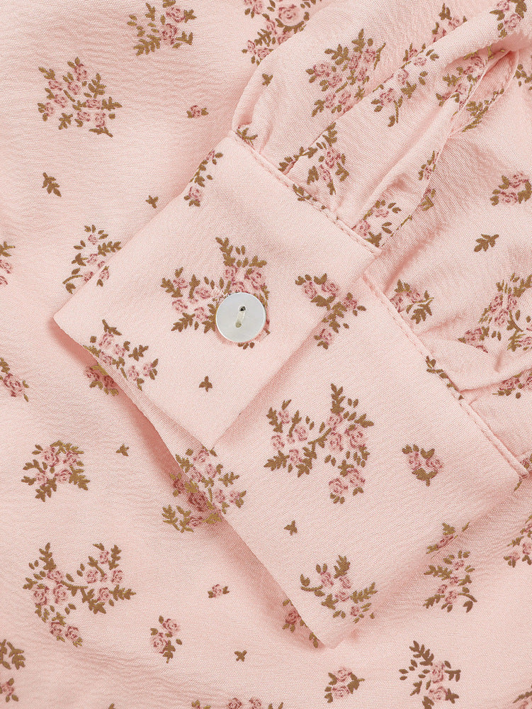 Ditsy Floral Crochet Trim Button Down Shirt - Pink - 7
