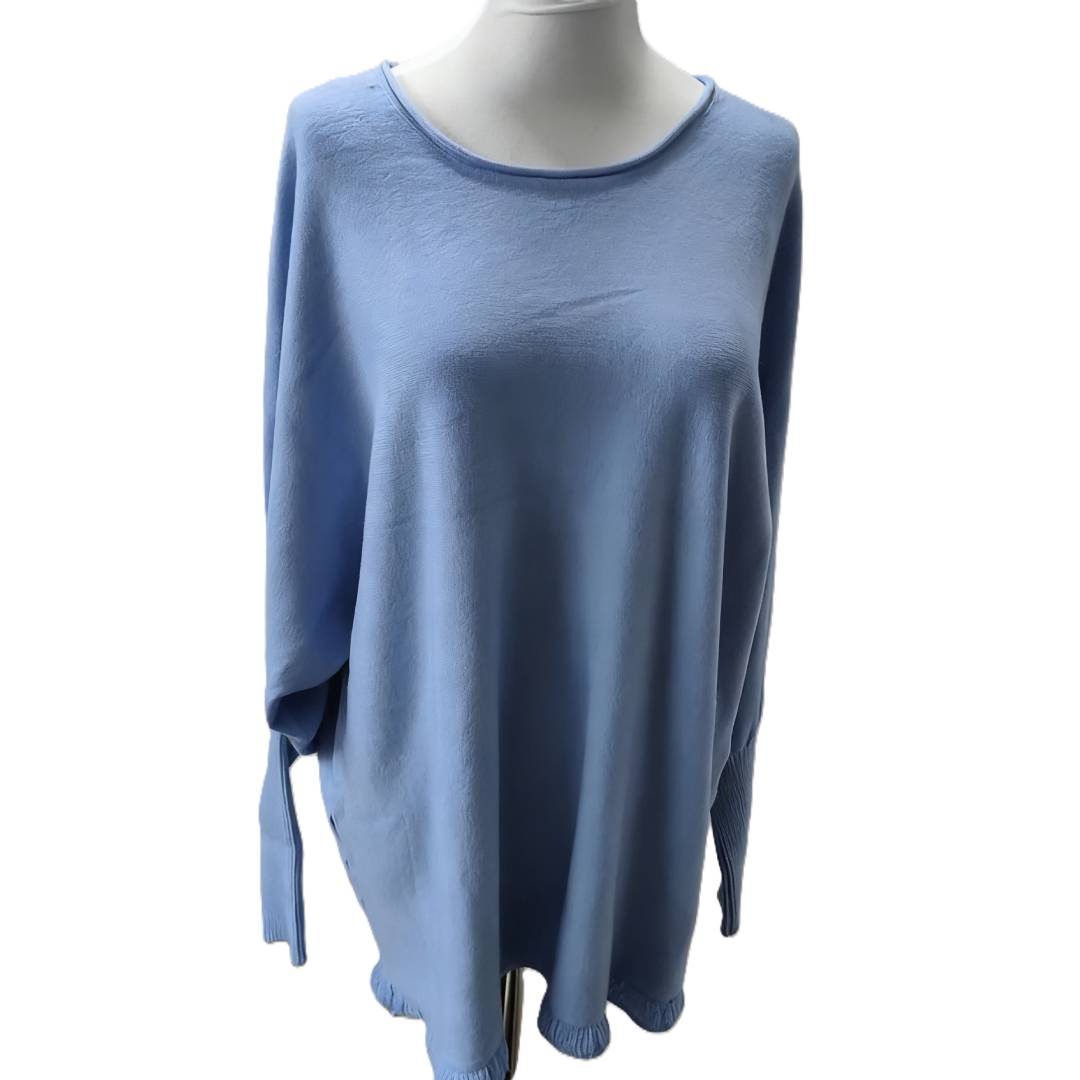 Oversized Knit Top With Scalloped Hem - Blue
