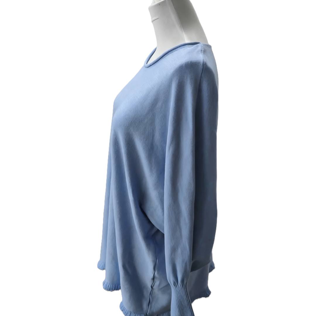 Oversized Knit Top With Scalloped Hem - Blue - 1