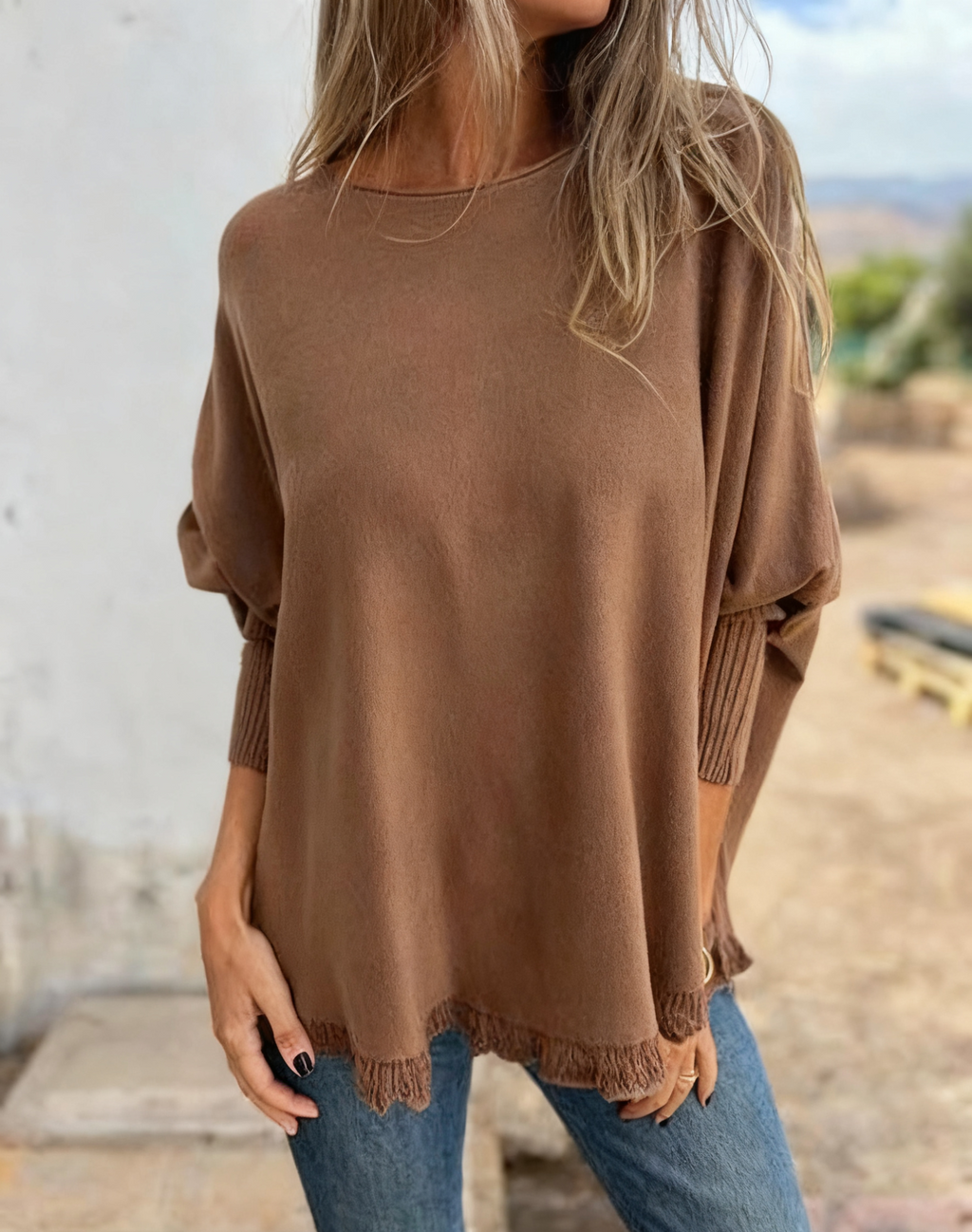 Oversized Knit Top With Scalloped Hem - Curry
