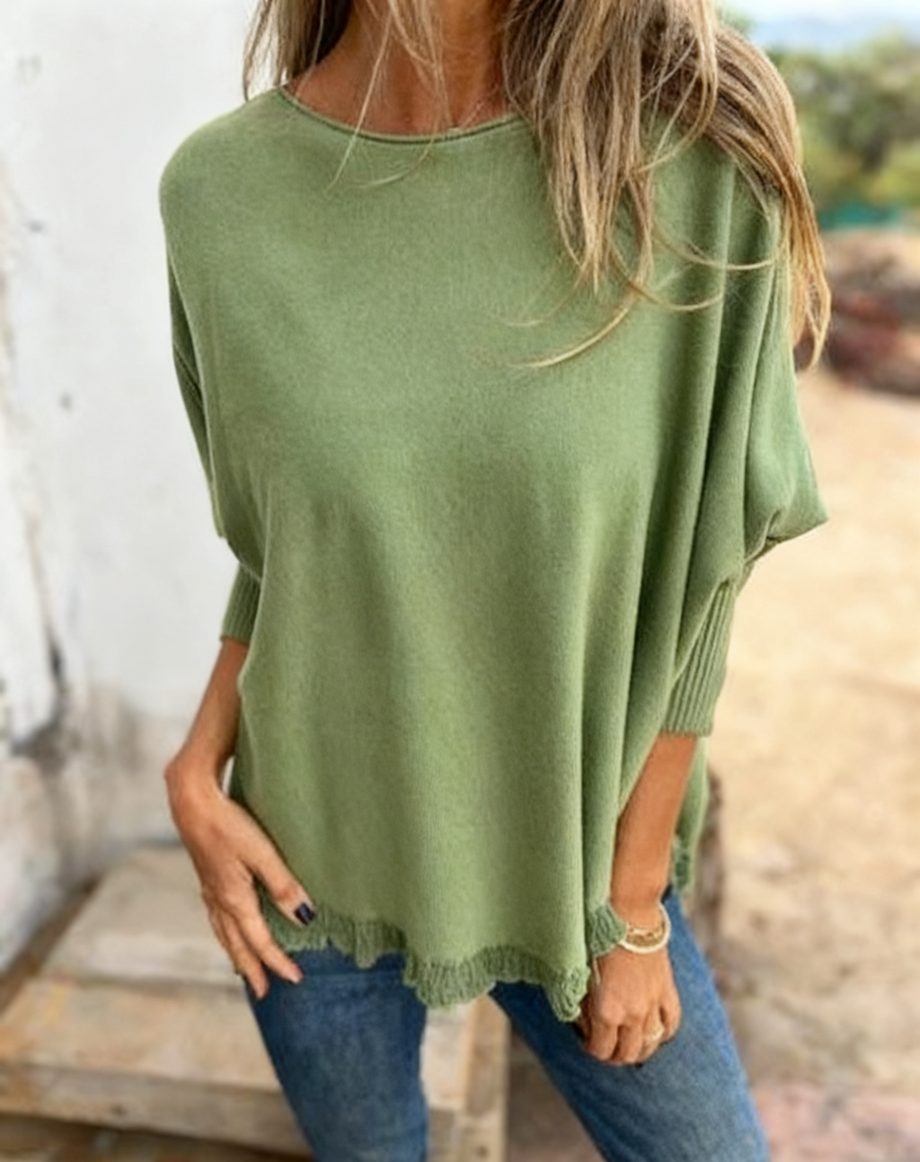 Oversized Knit Top With Scalloped Hem - Green