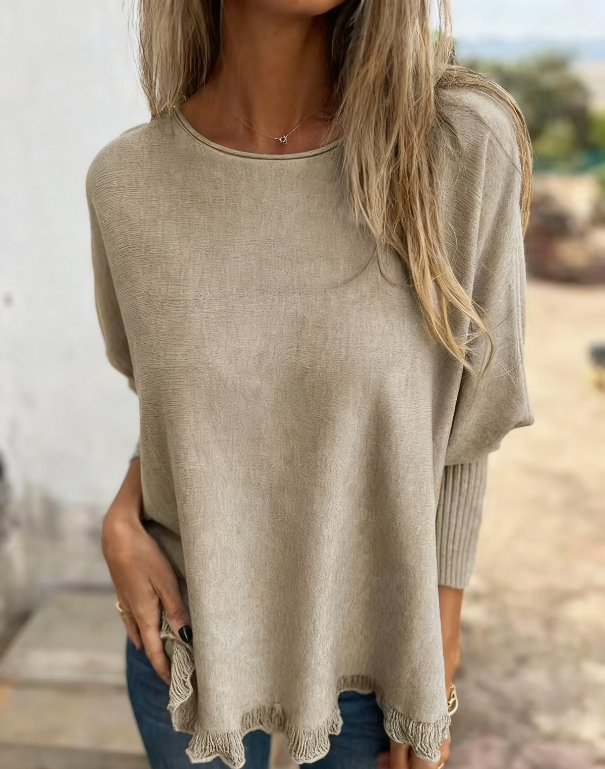Oversized Knit Top With Scalloped Hem - Khaki
