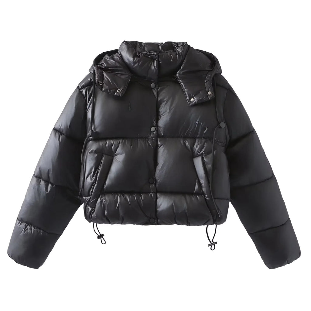 Drawcord Hem Hooded Cropped Puffer Jacket - Black