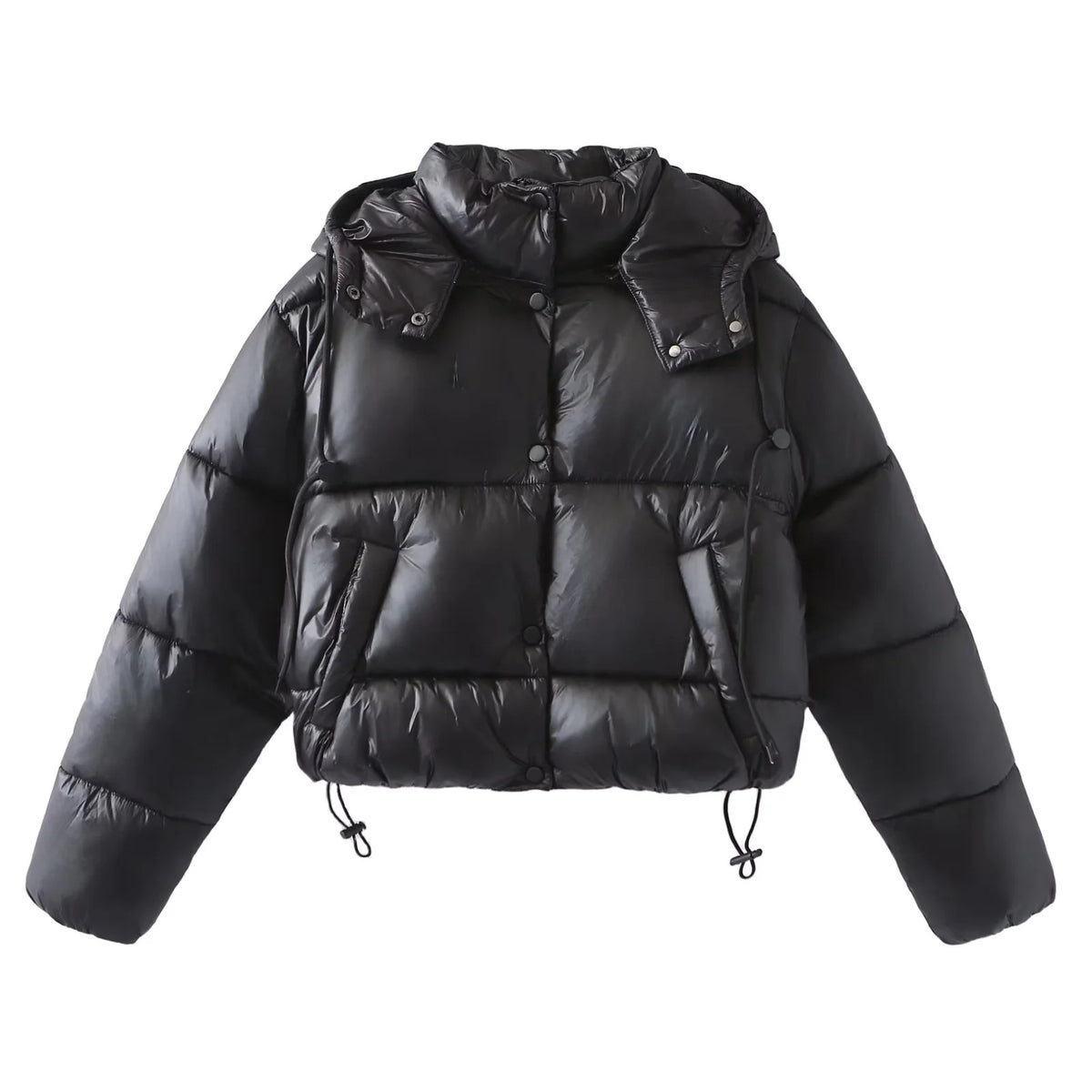 Drawcord Hem Hooded Cropped Puffer Jacket - Black