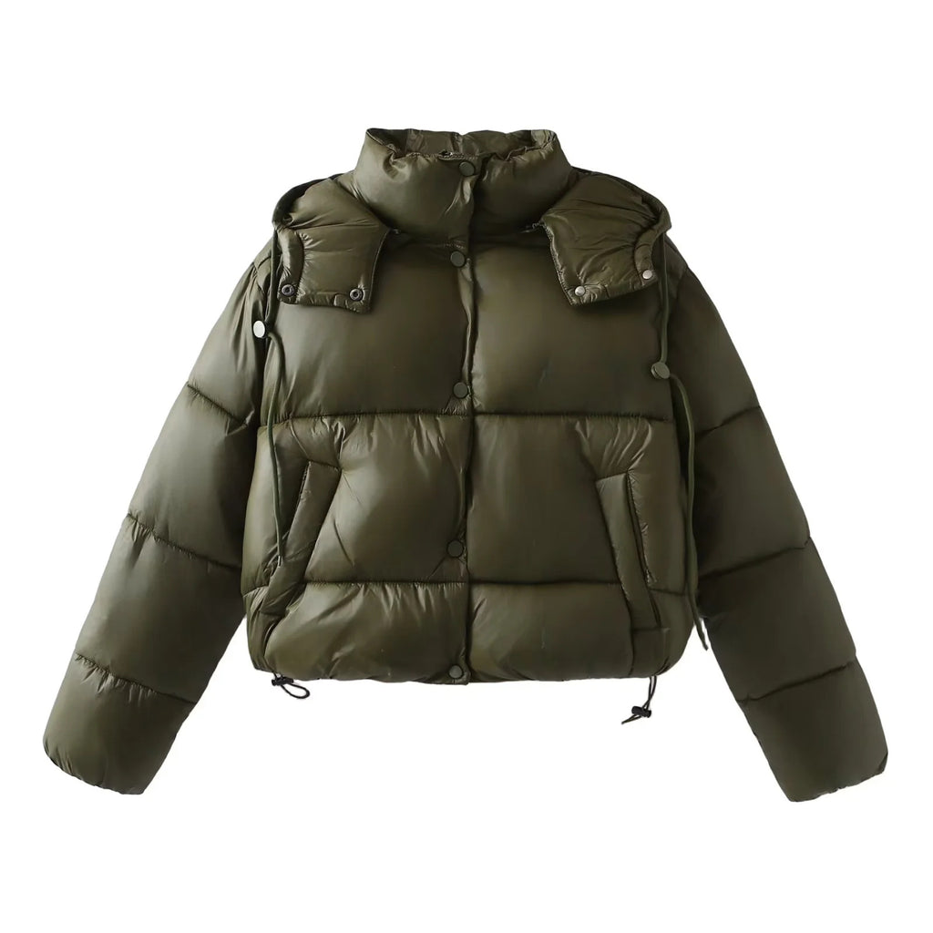 Drawcord Hem Hooded Cropped Puffer Jacket - Green