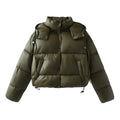 Drawcord Hem Hooded Cropped Puffer Jacket - Green