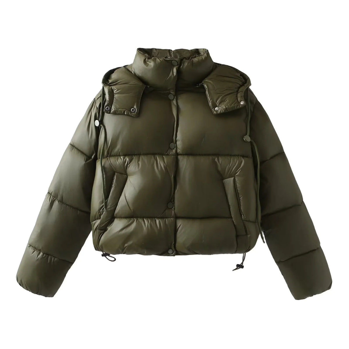 Drawcord Hem Hooded Cropped Puffer Jacket - Green