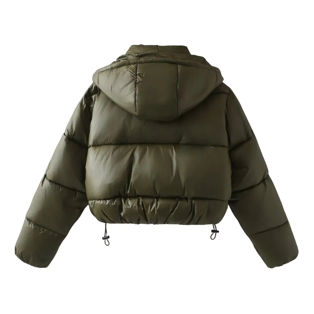 Drawcord Hem Hooded Cropped Puffer Jacket - Green - 1
