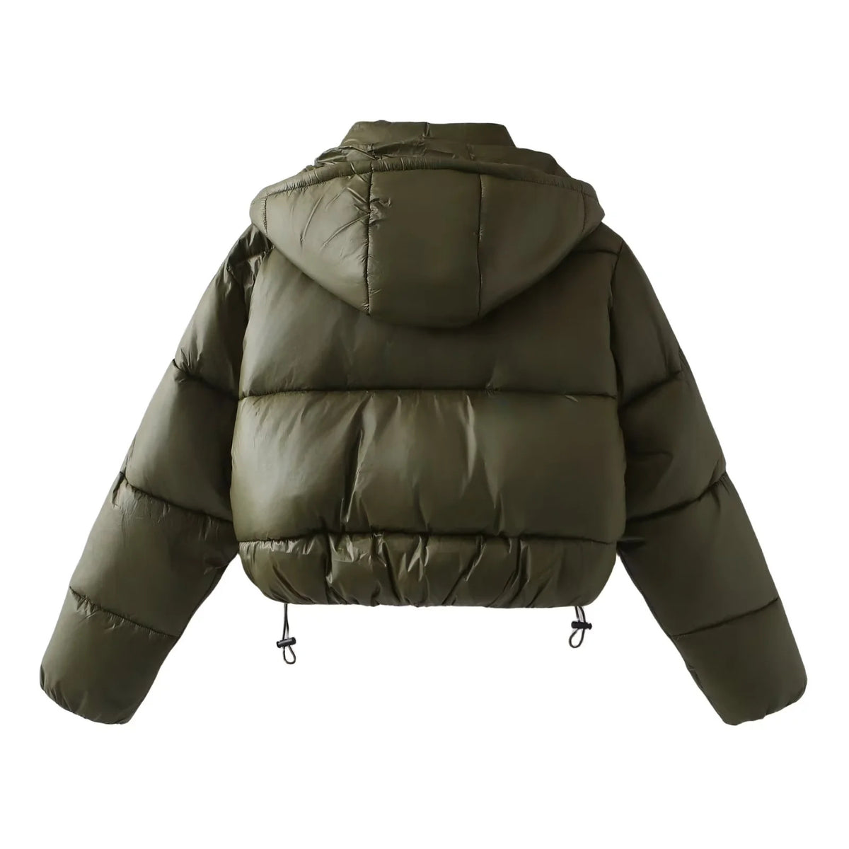 Drawcord Hem Hooded Cropped Puffer Jacket - Green - 1