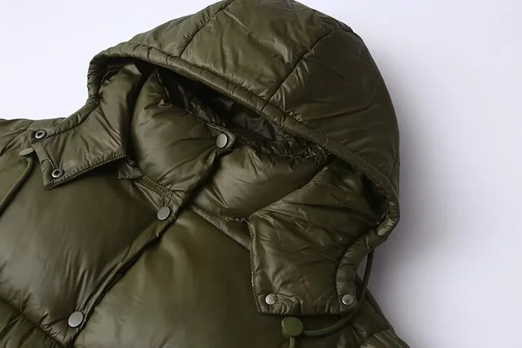 Drawcord Hem Hooded Cropped Puffer Jacket - Green - 2