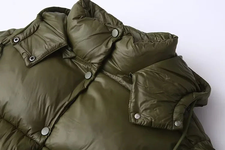 Drawcord Hem Hooded Cropped Puffer Jacket - Green - 3