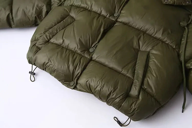 Drawcord Hem Hooded Cropped Puffer Jacket - Green - 5
