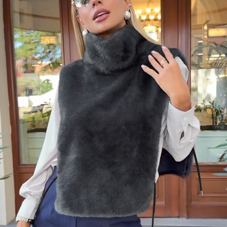 Plush Faux Fur Funnel Neck Cropped Vest - Grey