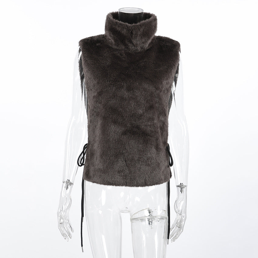 Plush Faux Fur Funnel Neck Cropped Vest - view 2