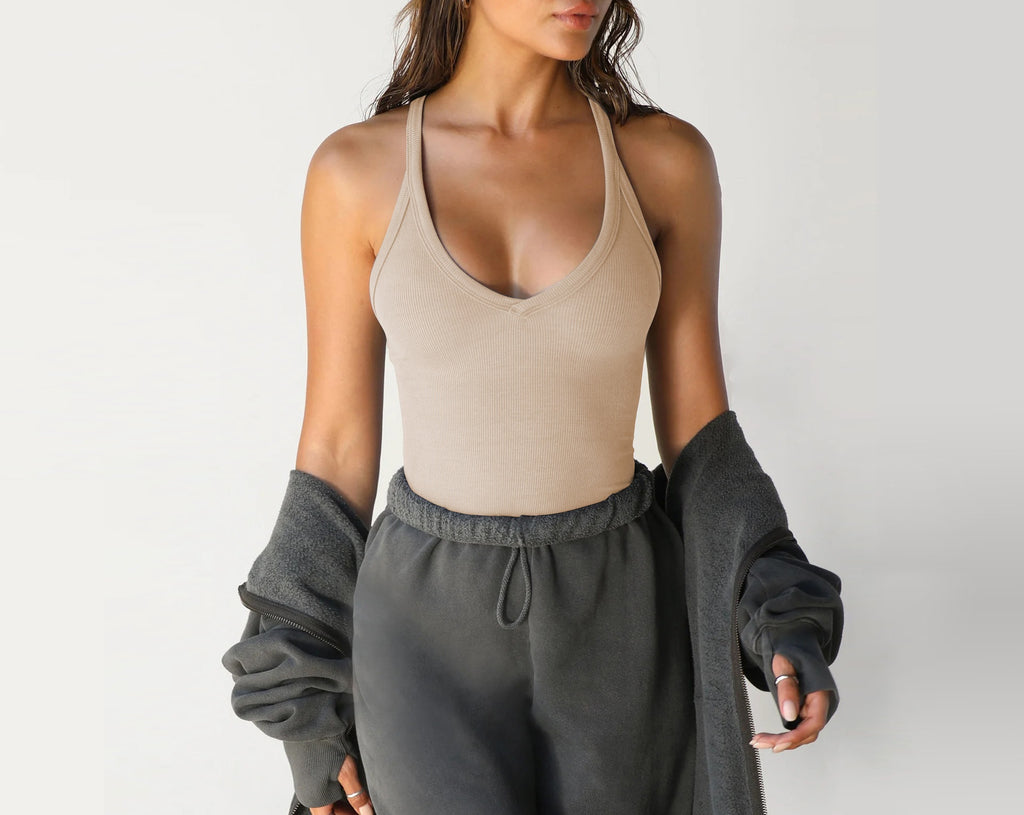 Racerback Ribbed Tank Top Deep Scoop Neck - Apricot