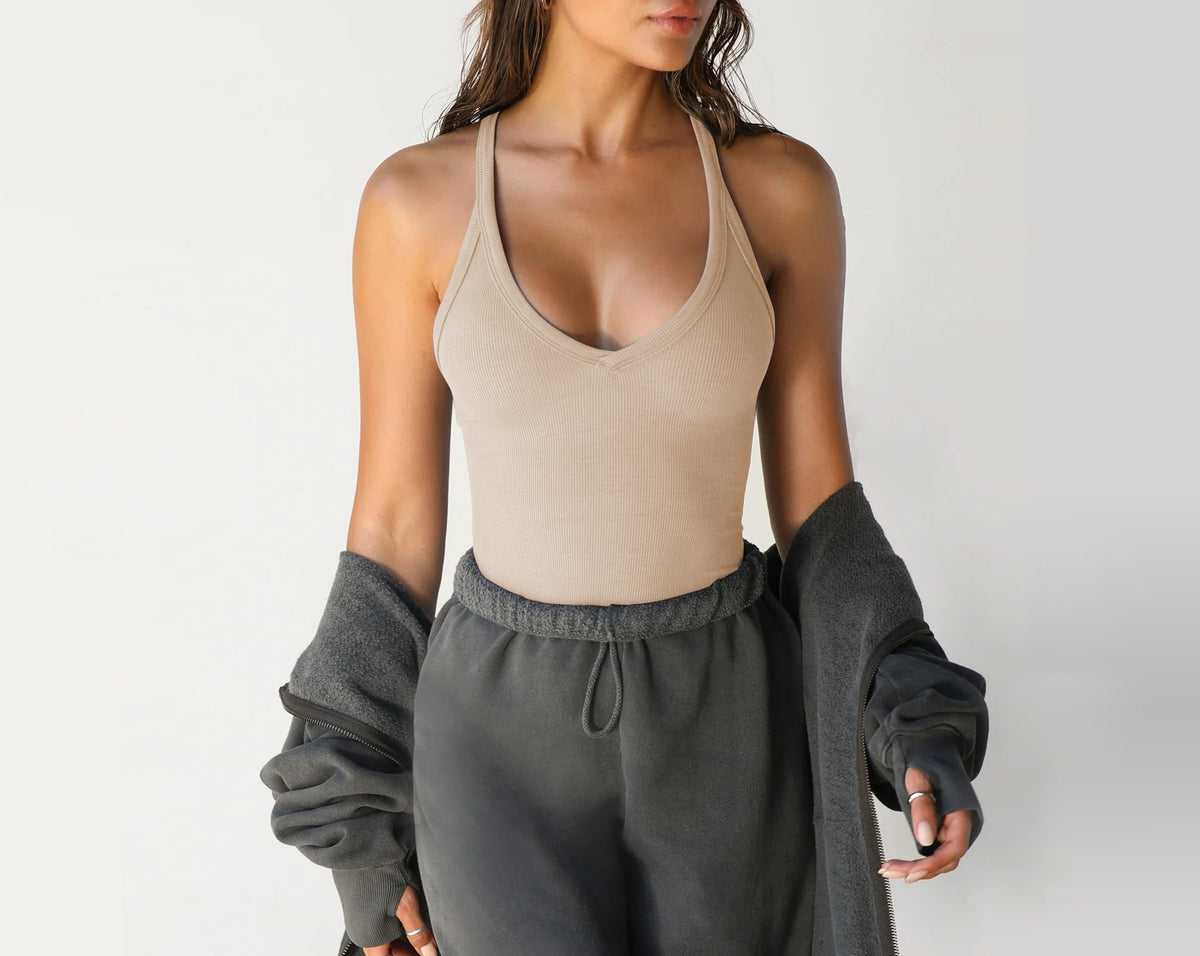 Racerback Ribbed Tank Top Deep Scoop Neck - Apricot