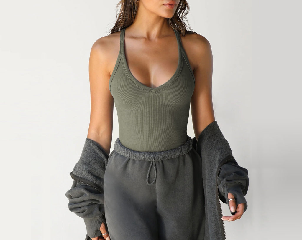 Racerback Ribbed Tank Top Deep Scoop Neck - ArmyGreen