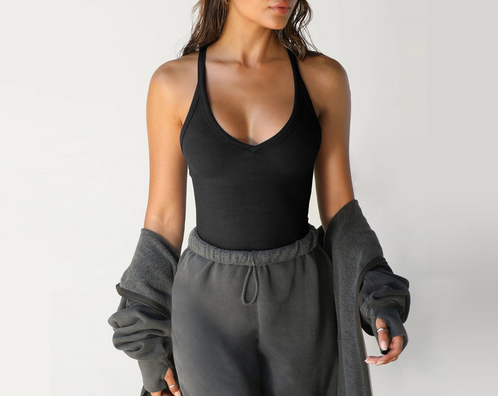 Racerback Ribbed Tank Top Deep Scoop Neck - Black