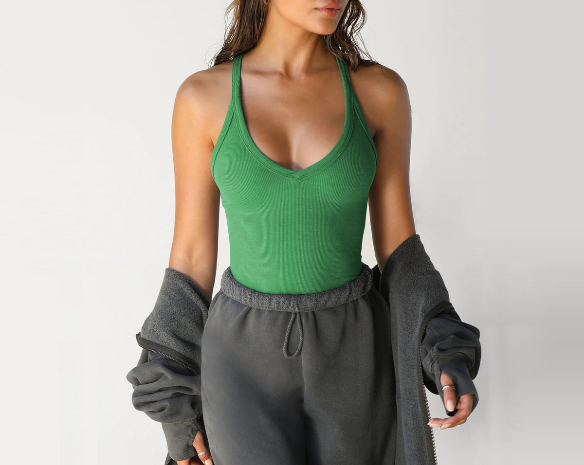 Racerback Ribbed Tank Top Deep Scoop Neck - Green
