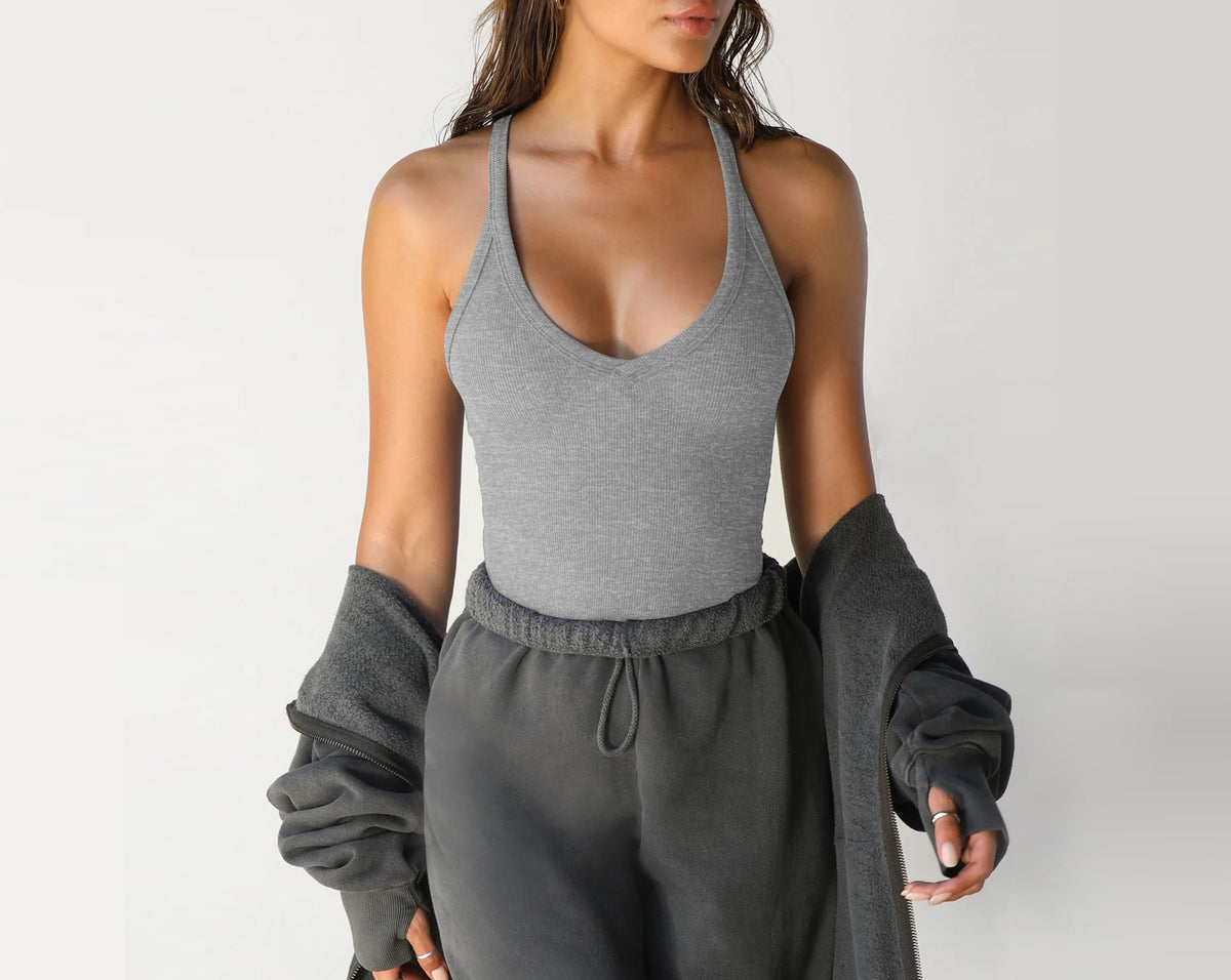 Racerback Ribbed Tank Top Deep Scoop Neck - Grey