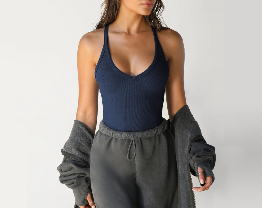 Racerback Ribbed Tank Top Deep Scoop Neck - Navy