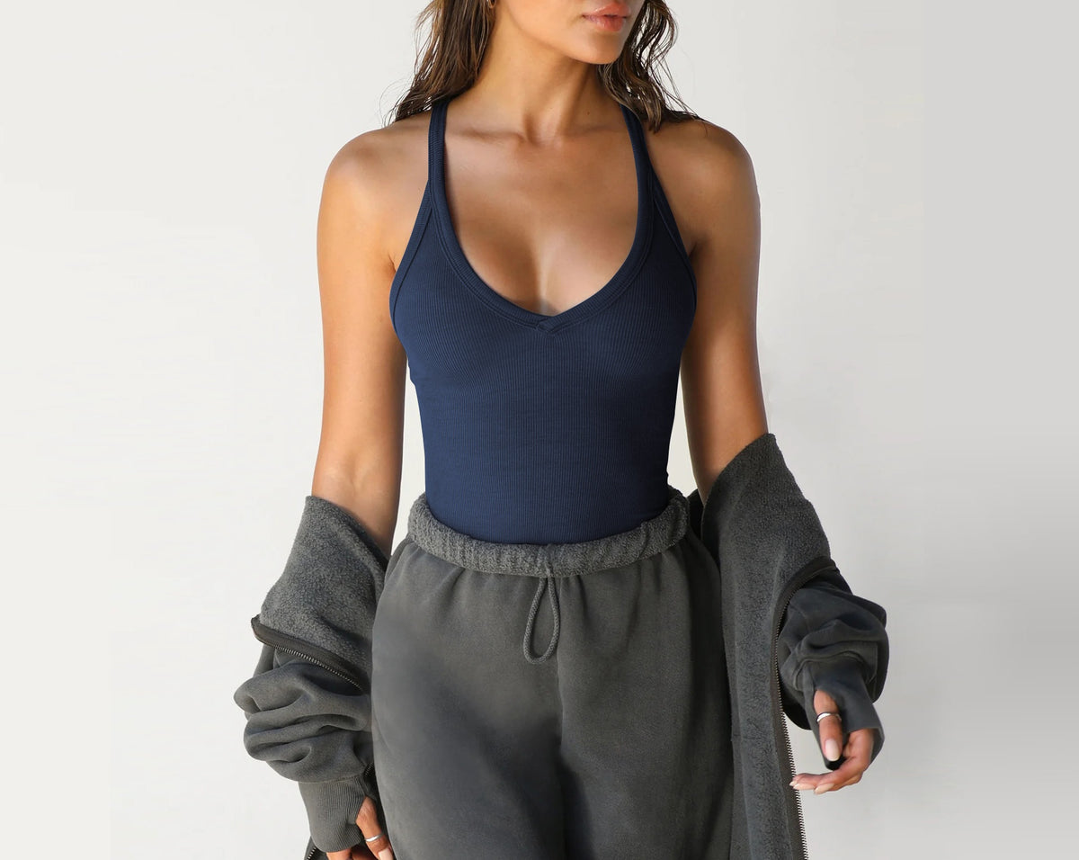 Racerback Ribbed Tank Top Deep Scoop Neck - Navy