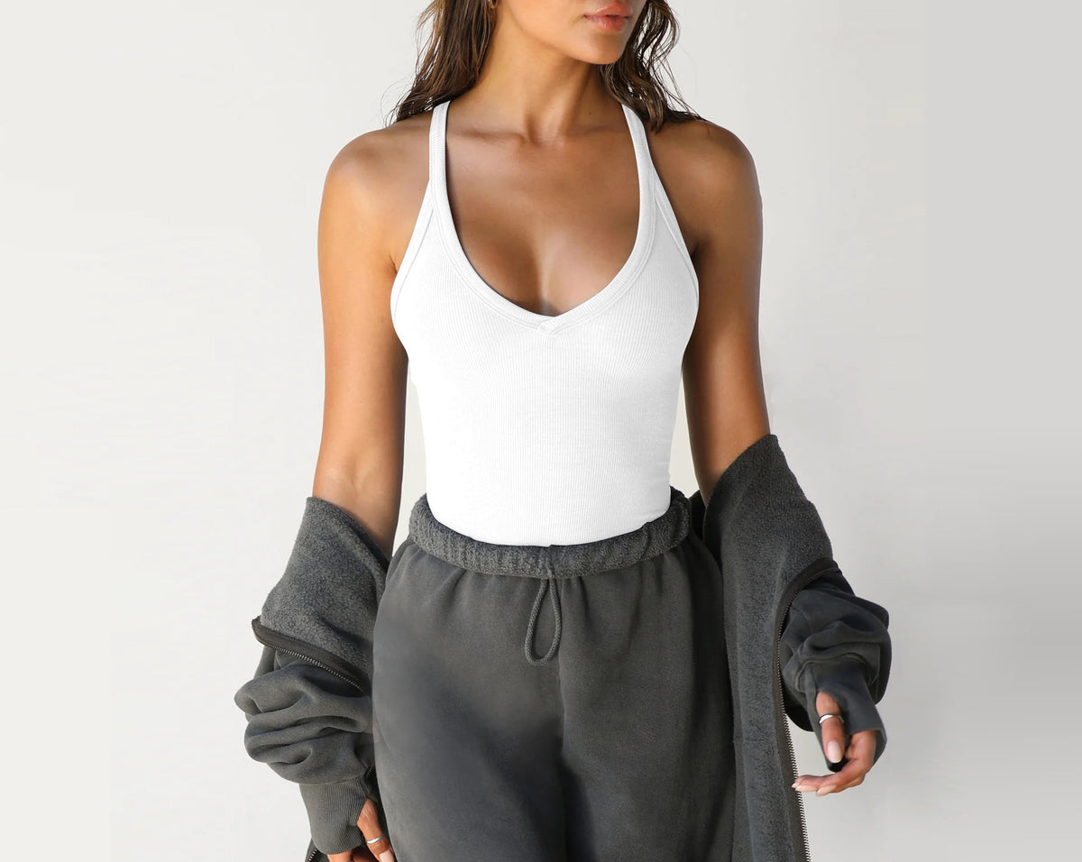 Racerback Ribbed Tank Top Deep Scoop Neck - White